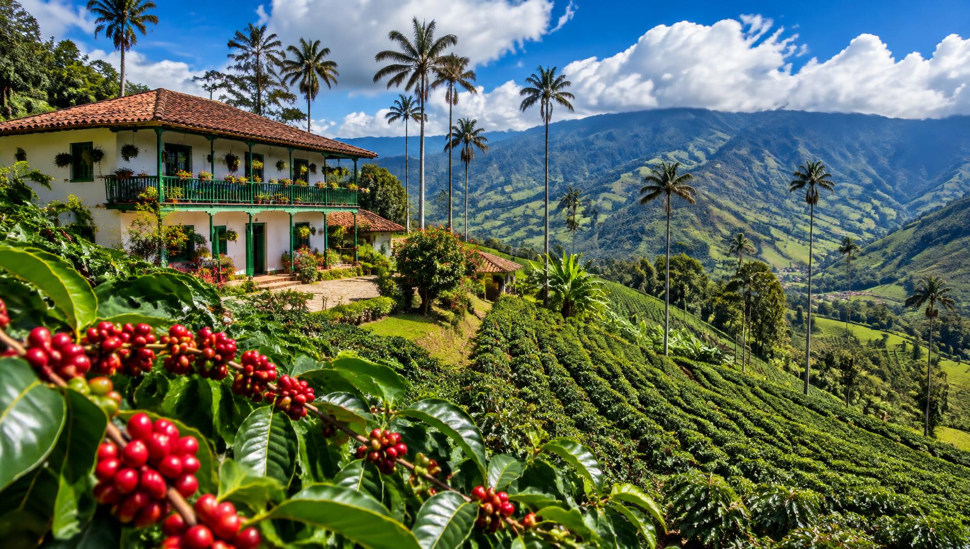 Cultivo de café en las laderas del Eje Cafetero colombiano al amanecer